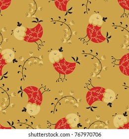 Folk seamless pattern. Scandinavian folk art pattern. Floral design with birds