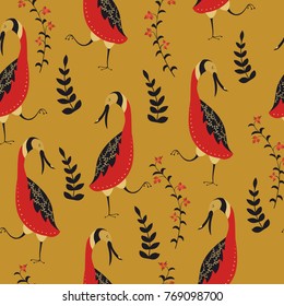 Folk seamless pattern. Scandinavian folk art pattern. Floral design with birds