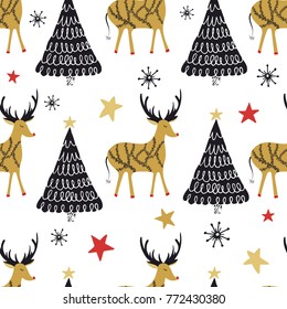 Folk seamless pattern. Scandinavian folk art pattern. Floral design with birds