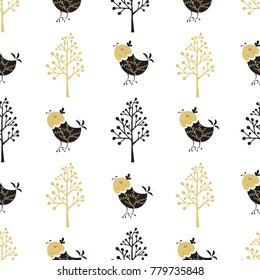 Folk seamless pattern. Scandinavian folk art pattern. Floral design with birds