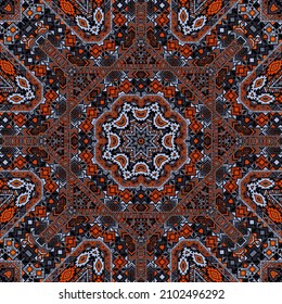 Folk seamless pattern of simple geometry shapes composition. Graphic muslim motif. Fabric print. Small elements geometry. Vector kaleidoscope ornament.