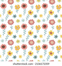 Folk seamless pattern with spring flowers, leaves and branches. Vector background for various absract surface. Trendy hand drawn texture. Flat vector hand drawn illustration.