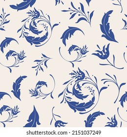 Folk seamless pattern with traditional decor. Light backdrop with blue floral elements perfect for textile, scrapbooking, wallpapers and cards.