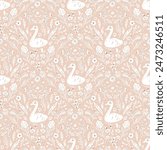 Folk seamless pattern with white swans and floral ornament. Fabric print with bird silhouette and flowers, pastel background. Abstract folk nature print 