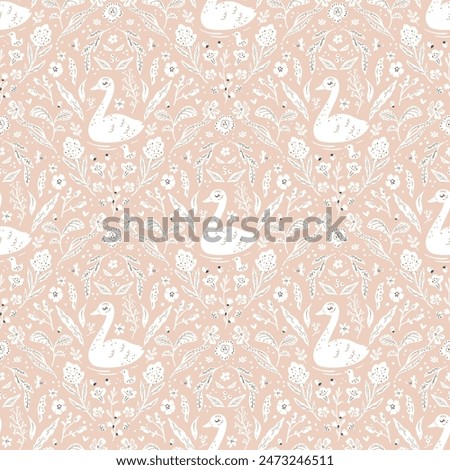 Folk seamless pattern with white swans and floral ornament. Fabric print with bird silhouette and flowers, pastel background. Abstract folk nature print 