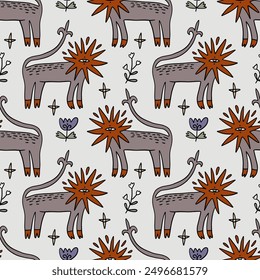 Folk seamless pattern with wild cats, cartoon leopards animals funny groovy bohemian whimsical flat art. Doodle summer sun and moon elements, wildlife fantasy characters. Boho space wrapping paper