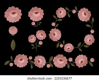 Folk set of floral elements isolated on dark background. Pastel pink peony flowers with buds and leaves.