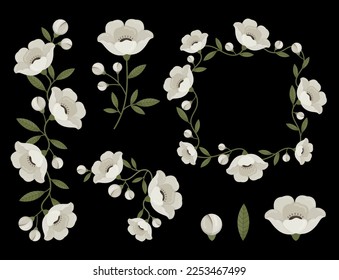 Folk set of floral elements isolated on dark background. Pastel white  flowers with buds and leaves.