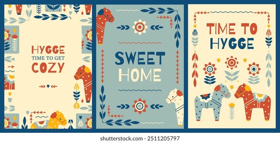 Folk set of Scandinavian Wall Art Decor, vertical frame with copy space, season holiday greeting card. Retro Swedish aesthetic. Stylized Nordic animalistic and floral prints. Cozy mood collection