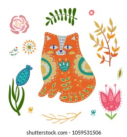 Folk set vector colorful illustration with beautiful cat and flowers. Scandinavian style