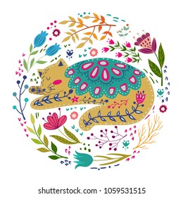 Folk set vector colorful illustration with beautiful cat and flowers. Scandinavian style