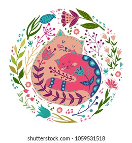 Folk set vector colorful illustration with beautiful cat and flowers. Scandinavian style