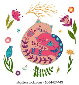 Folk set vector colorful illustration with beautiful cat and flowers. Scandinavian style