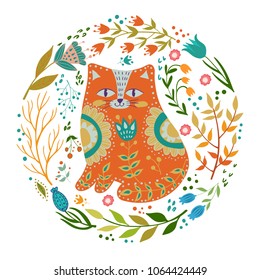 Folk set vector colorful illustration with beautiful cat and flowers. Scandinavian style