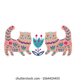 Folk set vector colorful illustration with beautiful cat and flowers. Scandinavian style.