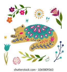 Folk set vector colorful illustration with beautiful cat and flowers. Scandinavian style.