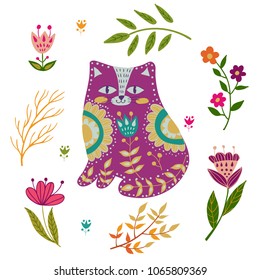 Folk set vector colorful illustration with beautiful cat and flowers. Scandinavian style