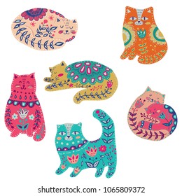 Folk set vector colorful illustration with beautiful cat and flowers. Scandinavian style.
