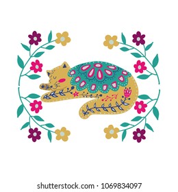 Folk set vector colorful illustration with beautiful cat and flowers. Scandinavian style