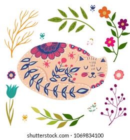 Folk set vector colorful illustration with beautiful cat and flowers. Scandinavian style
