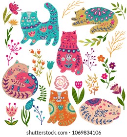 Folk set vector colorful illustration with beautiful cat and flowers. Scandinavian style