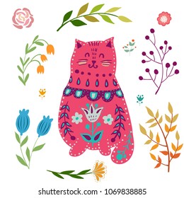 Folk set vector colorful illustration with beautiful cat and flowers. Scandinavian style.
