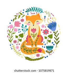 Folk set vector colorful illustration with beautiful fox and flowers. Scandinavian style