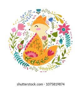 Folk set vector colorful illustration with beautiful fox and flowers. Scandinavian style