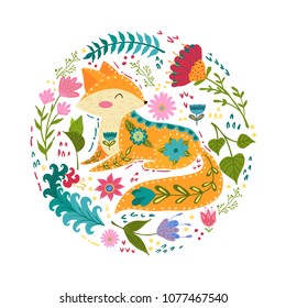 Folk set vector colorful illustration with beautiful fox and flowers. Scandinavian style