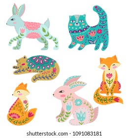 Folk set vector colorful illustration with beautiful fox, cats, rabbits and flowers. Animals in scandinavian style.