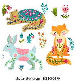 Folk set vector colorful illustration with beautiful fox, cats, rabbits and flowers. Animals in scandinavian style.
