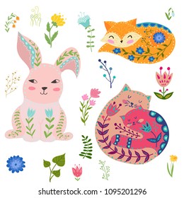 Folk set vector colorful illustration with beautiful fox, cats, rabbits and flowers. Animals in scandinavian style.