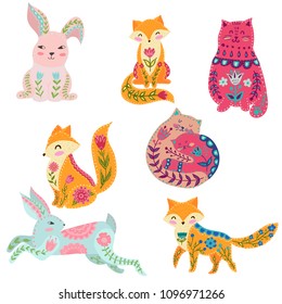 Folk set vector colorful illustration with beautiful fox, cats, rabbits and flowers. Animals in scandinavian style.