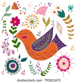 Folk set vector colorful illustration with beautiful birds and flowers. Scandinavian style
