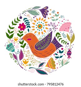 Folk set vector colorful illustration with beautiful birds and flowers. Scandinavian style