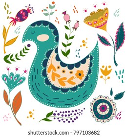 Folk set vector colorful illustration with beautiful birds and flowers. Scandinavian style.