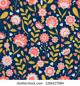 folk simple flowers seamless pattern coral, blue vector art. 