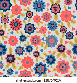 folk simple flowers seamless pattern coral, blue vector art. 