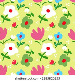 Folk Simple shapes floral seamless pattern on green background.
