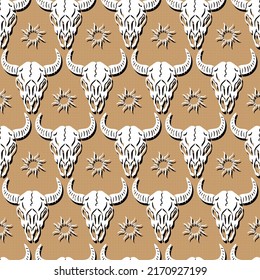 folk skull buffalo and sun native vector seamless pattern