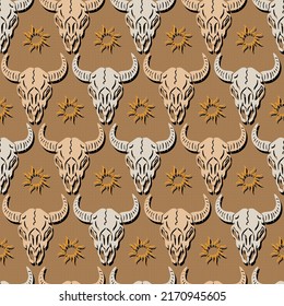 folk skull buffalo and sun native vector seamless pattern