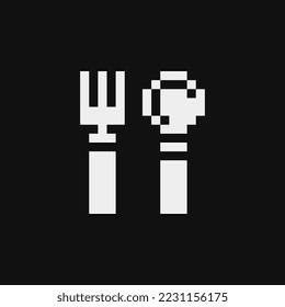 Folk and spoon pixel art icons. Old school computer graphic design. 1-bit style. Isolated vector illustration.