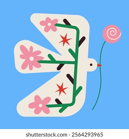 Folk spring bird holding flower. Nordic picture for poster, card, t-shirt. Flat vector illustration.