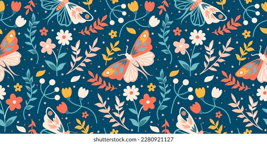 El fondo de la primavera folclórica sin soldadura con polilla. Mystery luna print con mariposa, hierbas y flores. Bloomy boho gráfico. Antiguo arte floral nocturno, tela bohemia vintage.