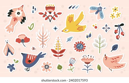 Folk stickers pack in Scandinavian and Nordic style, hygge isolated vector clip arts. Collection of classic ethnic elements. The scandi folk motifs - birds, flowers, moth and leaves