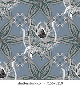 Folk style. Amazing seamless floral pattern with bright colorful flowers and leaves on a neutral, blue and gray background. Modern floral background. The elegant the template for fashion prints.