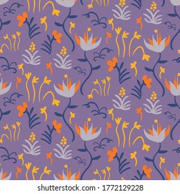 Folk style blooms seamless vector pattern on purple. Decorative surface print design for summertie fabrics, textiles, stationery, scrapbook paper, gift wrap, and packaging.