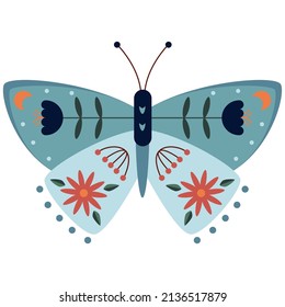 Folk style blue butterfly decorative graphic art