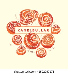 Folk style cinnamon rolls for card, header, invitation, poster, social media, post publication. Bakery bun Kanelbullar day vector illustration. Vintage Swedish buns.
