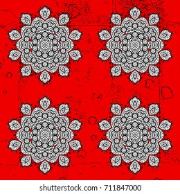 Folk Style. Decorative Texture Background of Mandalas. Design for Fabric or Wallpaper. Ethnic of Lace Snowflakes. Stylized Flowers. Lacy Fashion Print for Textile. Vector illustration.